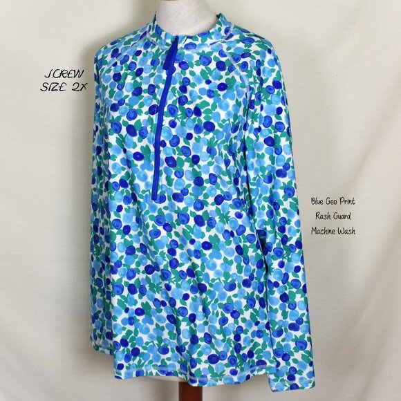 J.CREW Top Blouse 2X Blue Geometric Print Zip Front Long Sleeve Machine Wash - Picture 1 of 6